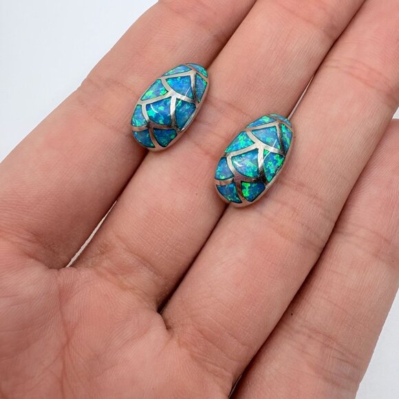 VTG Sterling Silver 925 Blue Opal Crescent Hoop Earrings Size 0.75" Length - Picture 5 of 7